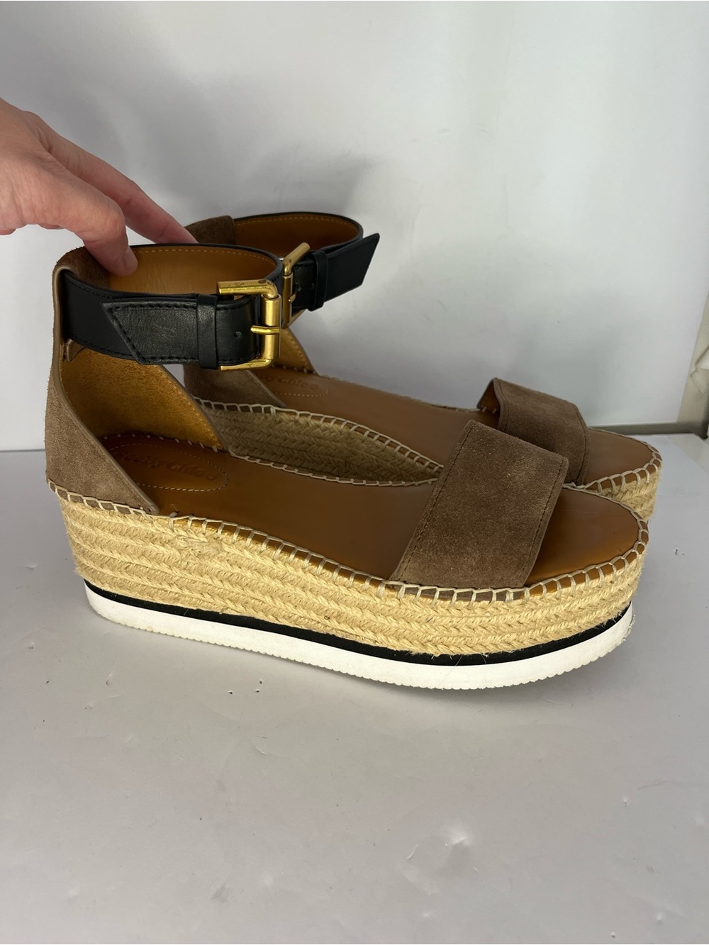 SEE BY CHLOE Glyn Espadrille Platform Sandal SZ 38 US 8 Brown Women Wedge FLAWS